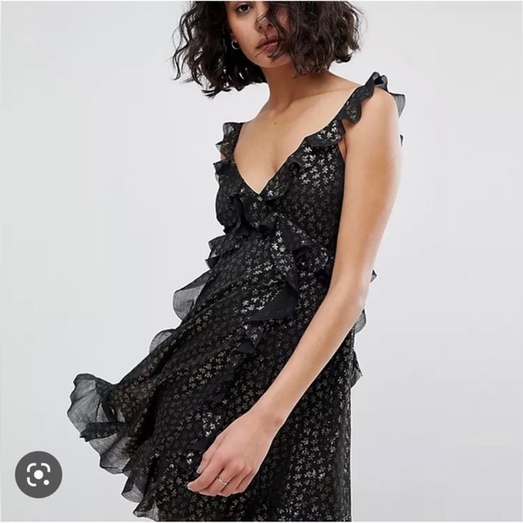 ALLSAINTS DARELL RUFFLE DRESS: V neck black and gold - Picture 4 of 9